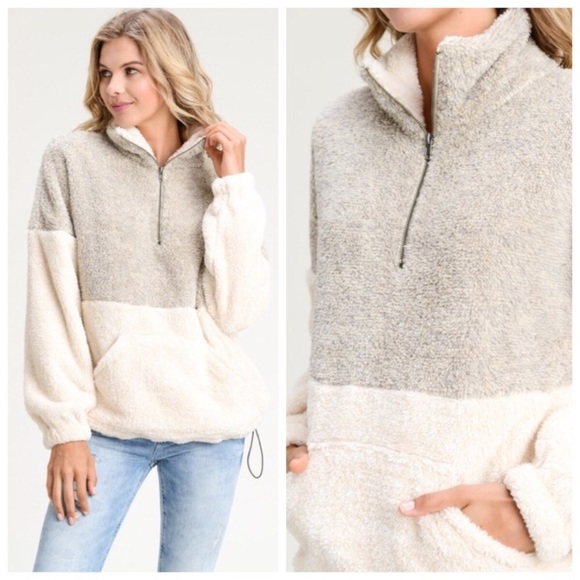 Fuzzy Half-Zip Taupe/Cream Pullover Sweater. (1L) - Picture 4 of 6